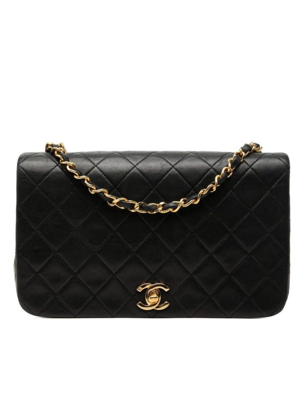 Chanel Quilted 23 CC Logo Chain Shoulder Bag Full Flap Black Gold Lambskin